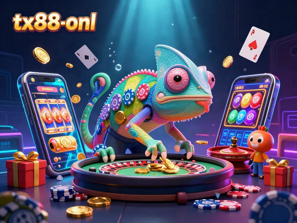 Experience thrilling moments at tx88-onl, featuring a colorful chameleon casino owner amidst vibrant gaming elements.
