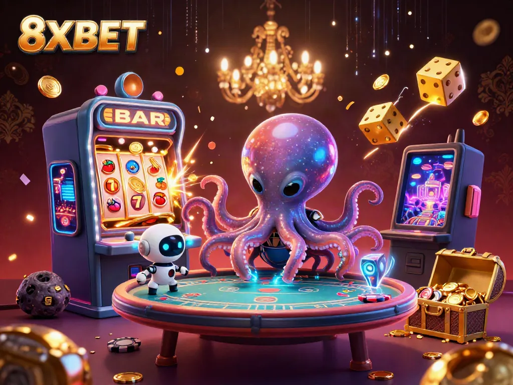 Experience thrilling gaming at 8XBET with an immersive 3D casino scene featuring exciting game elements.