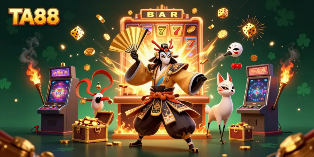 Experience exciting wins at TA88 with a dynamic casino scene featuring vibrant characters and game elements.