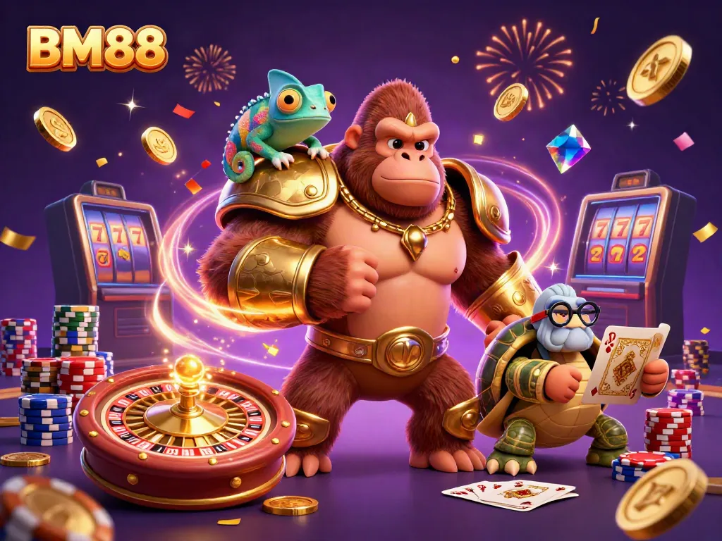 Join the action at BM88 with a dynamic illustration featuring a gorilla king, a color-changing chameleon, and a wise tortoise in a festive casino setting.