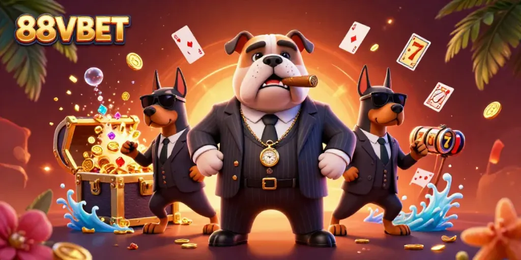 Experience thrilling casino action with 88VBET as a mafia bulldog leads the scene of vibrant slot reels.