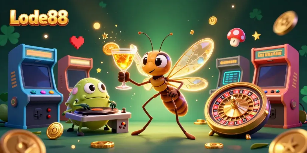 Engage with the vibrant Lode88 casino scene featuring animated retro characters and dynamic gaming elements.