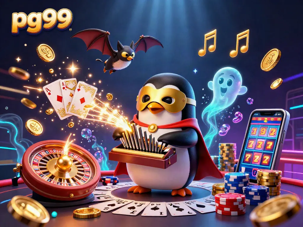 pg99 interactive casino scene with a penguin playing an organ as golden coins cascade