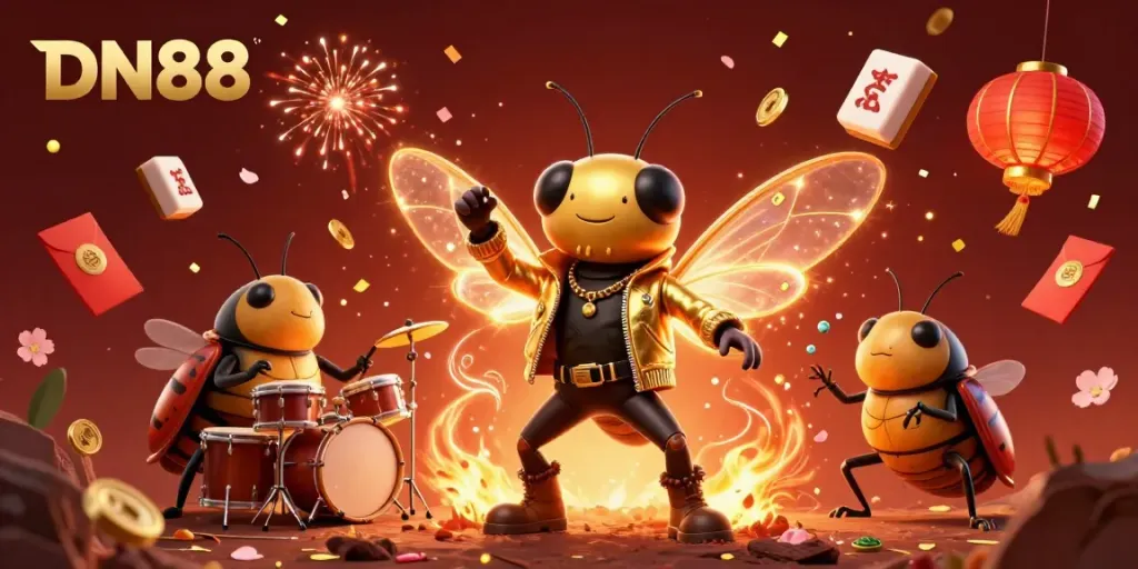 Experience the vibrant world of DN88 with a dynamic scene featuring a cicada rock star, beetle drummer, and festive casino elements.
