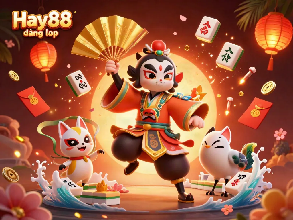Experience the thrills of Hay88 đăng nhập with a vibrant 3D scene showcasing a kabuki warrior and kitsune mask.