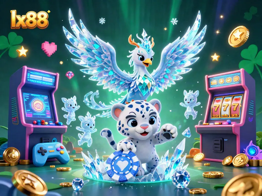 Engage with lx88's enchanting casino world featuring a magical ice phoenix, playful chess elements, and vibrant slot game dynamics.
