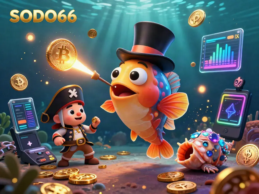 SODO66 offers a vibrant underwater gaming experience with lively sea characters and glowing cryptocurrency coins.