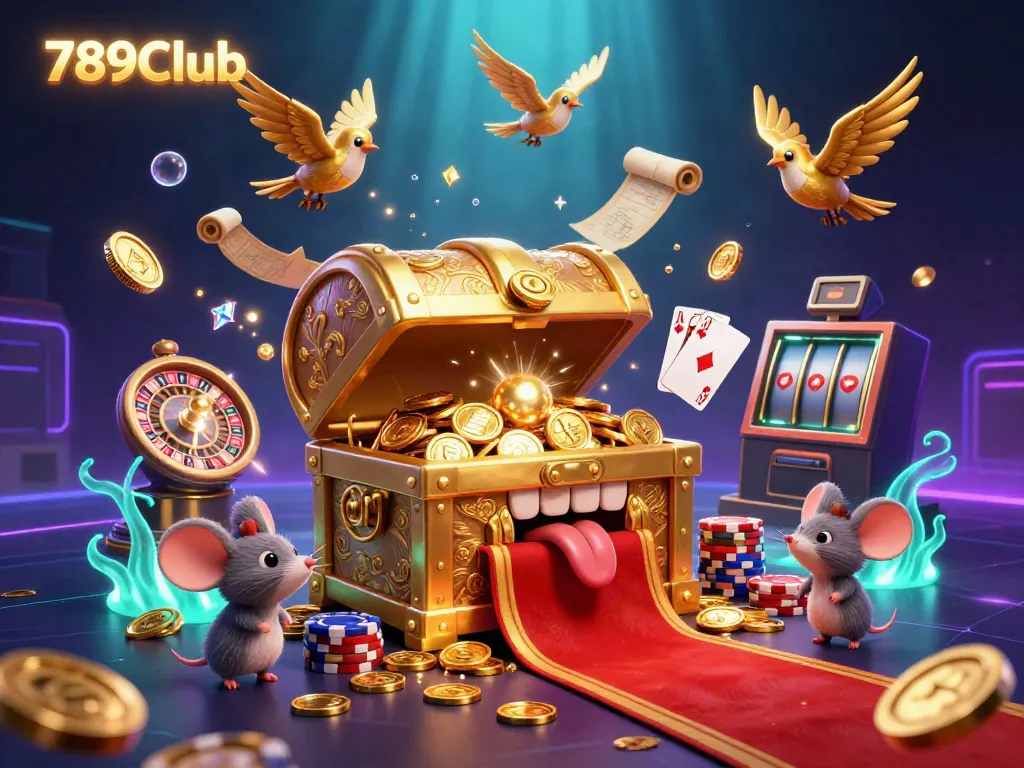 Win big at 789Club with golden treasure chests, cascading coins, and vibrant casino elements.
