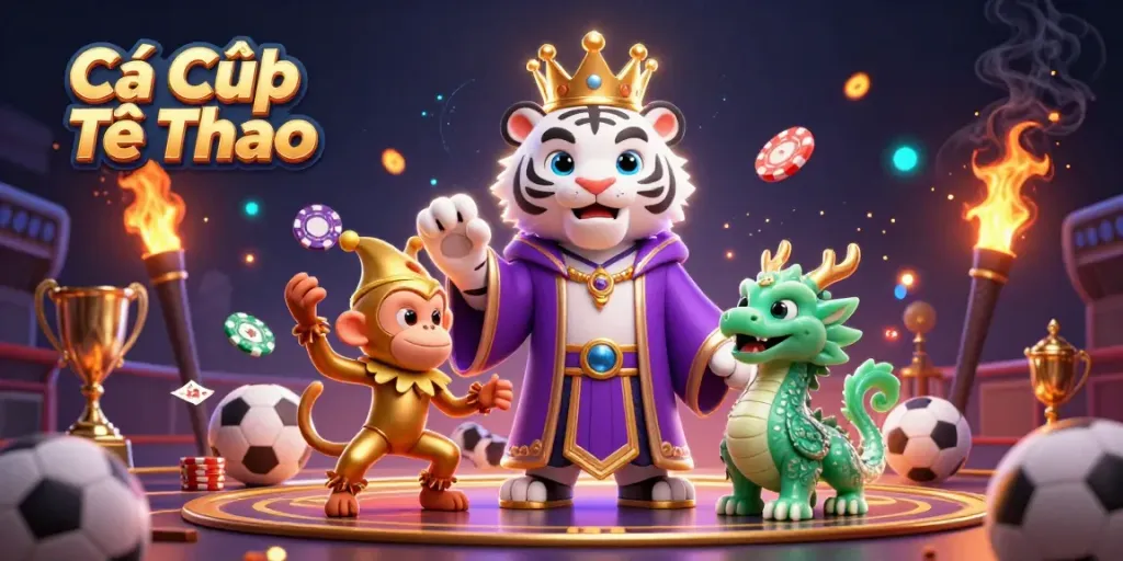 Cá Cược Thể Thao showcases an elegant tiger, playful monkey, and jade dragon around sports betting elements.