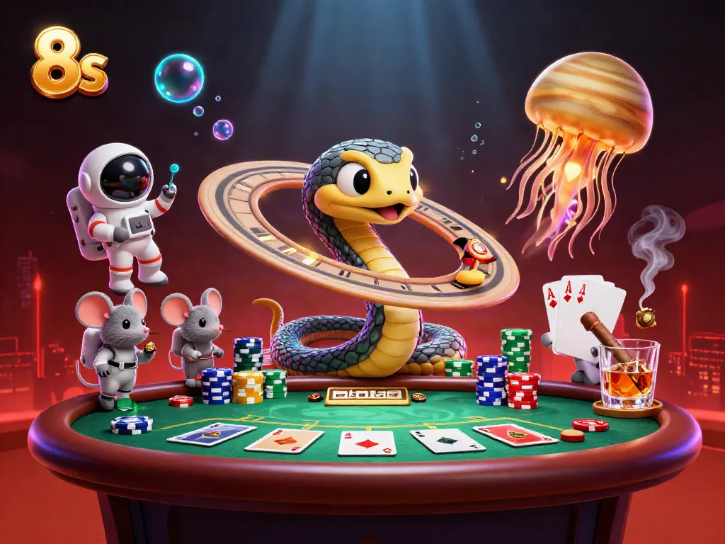 Engage in thrilling 8s gameplay with lively characters in an ultra-detailed casino illustration